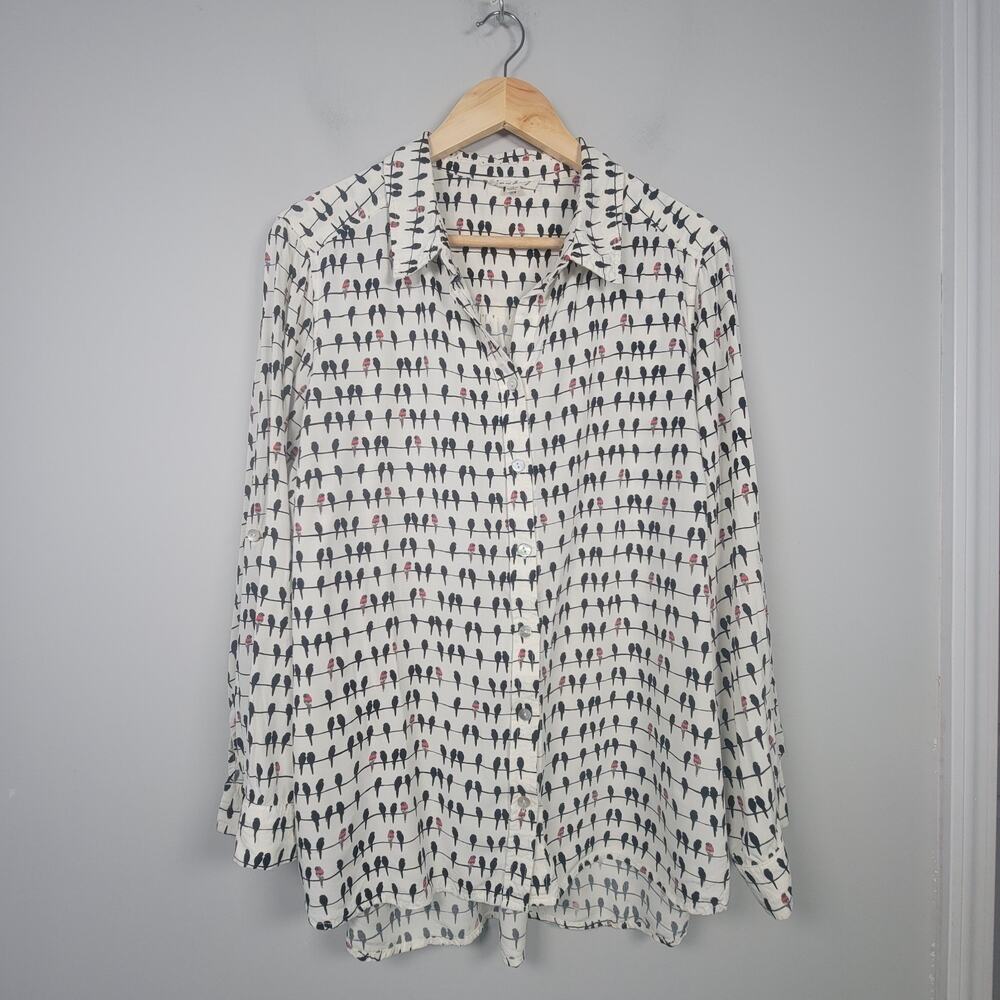 Jane and Delancey 1X Long Roll Tab Sleeve Birds PrintTop Shirt